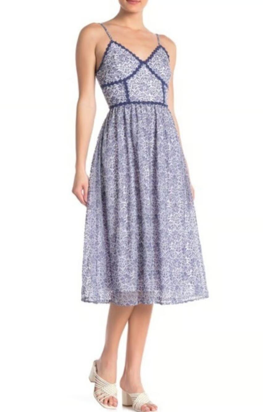 Size S NSR Blue and White V-Neck Spaghetti Strap Summer Lace Midi Dress • Size S